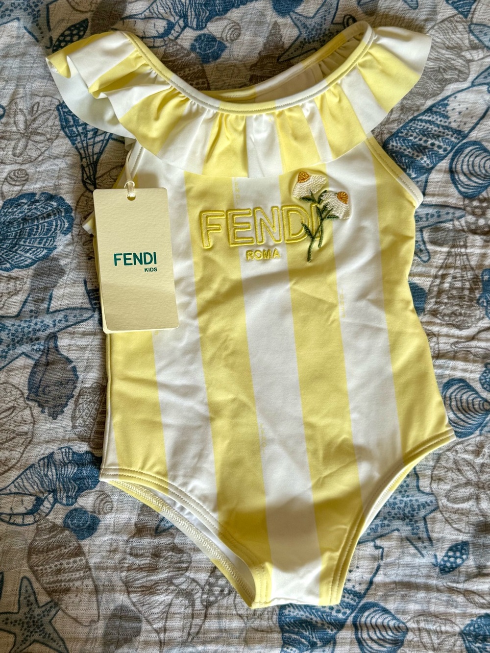Fendi Kids Yellow & White Striped Ruffle Swimsuit Bodysuit